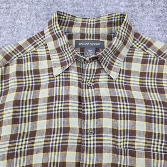 Banana Republic Shirt Mens Large Brown Yellow Plaid Linen Short Sleeve Button Up - Picture 9 of 14